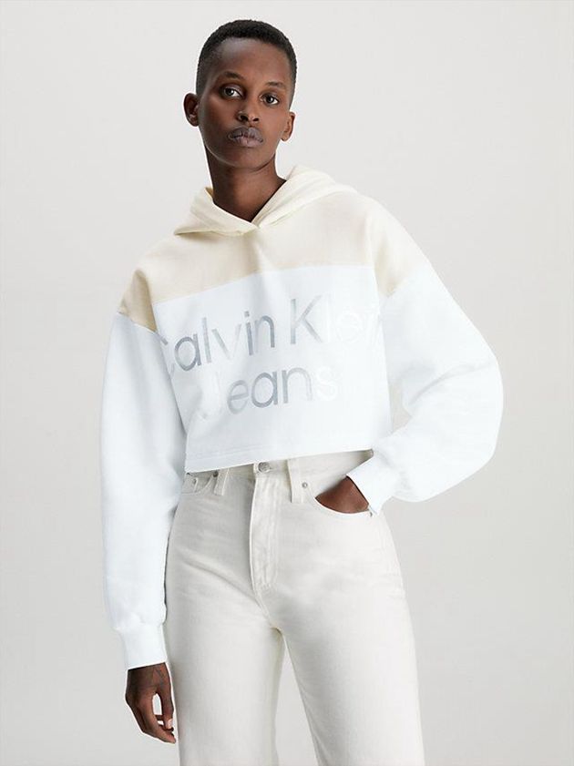 Calvin Klein USA Cropped Gloss Logo Womens Hoodie White 5403691-TP